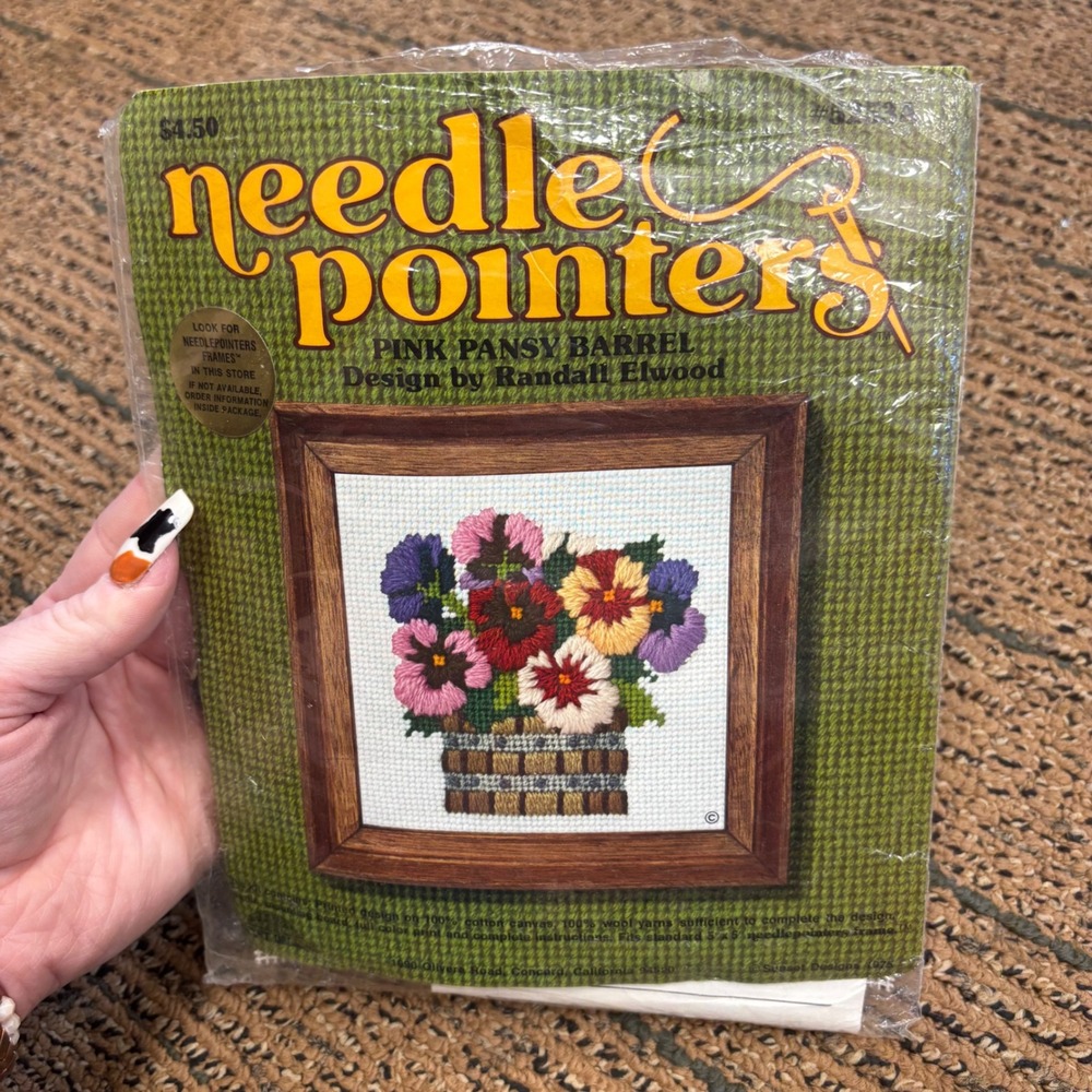Vintage 1978 Sunset Designs Needlepointers Pink Pansy Barrel Kit Randall Elwood